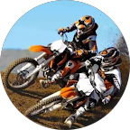 Two motocross riders wearing helmets and gear race on dirt bikes around a bend, kicking up dust against a blue sky backdrop.